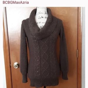 BCBGMaxAzria, wool blend cowlneck sweater. Women’s med. Chucky cable Brown